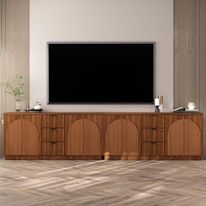 Brafab 67" Mid Century Modern Style Storage Sideboard with 4 Arched Reeded Design Doors and 3 Drawers with Adjustable Shelves, Suitable for Living Rooms, Studies and Dining Rooms (Walnut, 1 PCS)