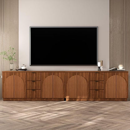 Brafab 67" Mid Century Modern Style Storage Sideboard with 4 Arched Reeded Design Doors and 3 Drawers with Adjustable Shelves, Suitable for Living Rooms, Studies and Dining Rooms (Walnut, 1 PCS)