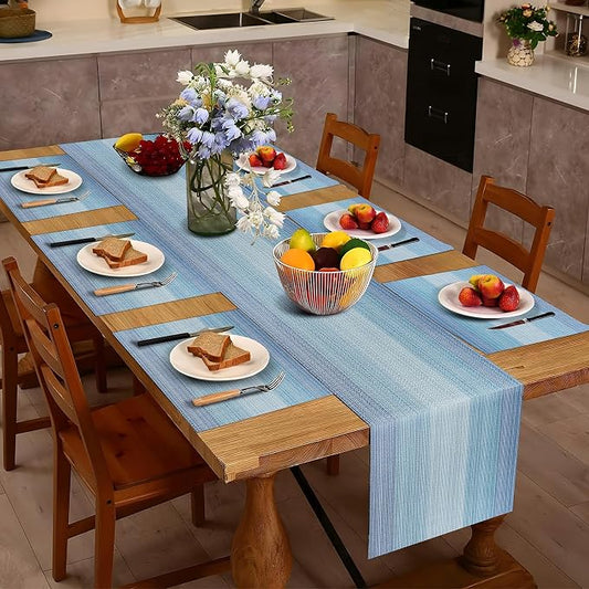 Aofmee Table Runner and Placemats Set of 6 Washable, Heat Resistant Place Mats with Table Runner, Woven Vinyl Table Placemats for Dining Table, Stain Resistant Kitchen Table Mats Sets, Easy to Clean
