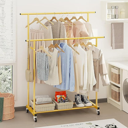 Calmootey Double Rod Clothing Garment Rack,Rolling Hanging Clothes Rack,Portable Clothes Organizer for Bedroom,Living Room,Clothing Store,Gold