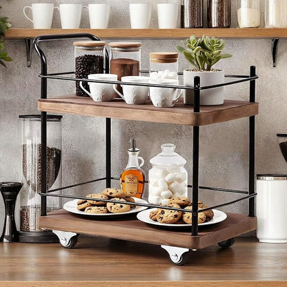 Thyle Mini Wood Coffee Bar Cart with Rotating Wheels 2 Tier 11 x 11 Inch Vintage Kitchen Serving Carts Bar Cart Serving Display Stand for Kitchen Dining and Living Room
