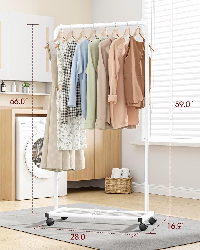 Clothes Rack - Clothing Rack with Storage Mesh Shelf & Casters, Heavy-Duty Metal Clothing Rack for Hanging Clothes, Dresses, Coats, Large Load Capacity, Easy Assembly, White, 28.0"x16.9"x59.0"