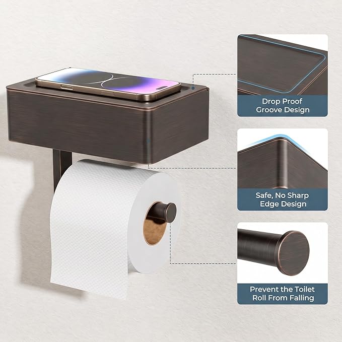 FORIOUS Toilet Paper Holder with Shelf, Sanitary Napkin Receptacle Tampon Holder, Wall Mount Toilet Paper Holder with Storage, Flushable Wipes Dispenser Fits for Bathroom Commercial(1, ORB)