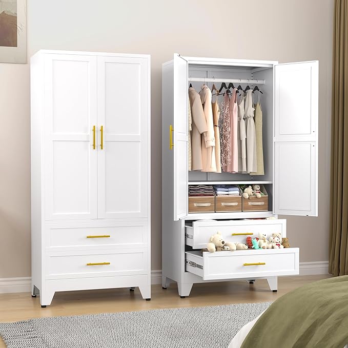 Metal Wardrobe Cabinet with Hanging Rod, 71" Metal Clothing Storage Cabinets with 2 Door, 1 Adjustable Shelf and 2 Drawers, Steel Armoire Wardrobe Closet for Bedroom, Gym, Cloak Room (White)