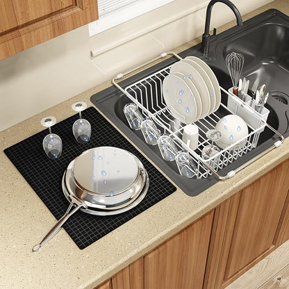 MAJALiS White Dish Drying Rack Over The Sink with Utensil Holder, Mat | Expandable Stainless Steel Dish Drainer for Small Kitchen, Apartment, RV, Counter Space Saving, Perfect Fit, Rustproof