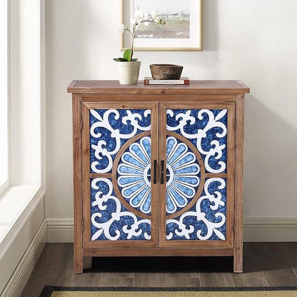 Sophia & William 2-Door Accent Cabinet, Distressed Decorative Storage Cabinet with Wood Frame and Blue and White Floral Pattern for Entryway Hallway Lvinig Room