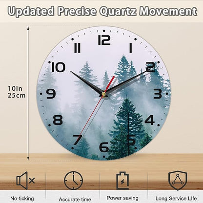Clock for Living Room, Misty Forest Wall Clocks Wooden Wall Clock Art Hanging Clocks Silent Non-Ticking Wall Clock Battery Operated Round Home Arabic Numeral Decorative Wall Clocks 10 Inch