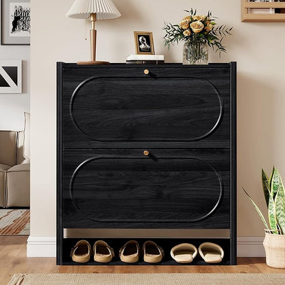 ORRD Shoe Storage Cabinet with 2 Flip Drawers, Wood Narrow Shoe Cabinet for Entryway, Fluted Hidden Shoe Organizer, Freestanding Slim Shoes Cabinets for Foyer, Hallway-Black