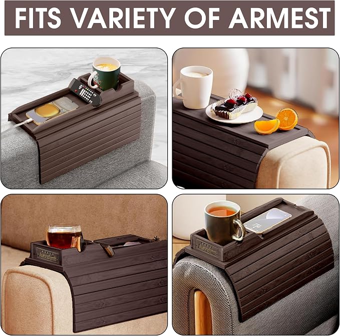 Couch Cup Holder Tray with 2 Cork Coasters, Couch Arm Tray, 2 in 1 Anti-Slip Foldable Sofa Arm Tray, Couch Armrest Table, Anti-Spill Couch Arm Table for Drinks TV Remote Cellphone Snacks (Walnut)
