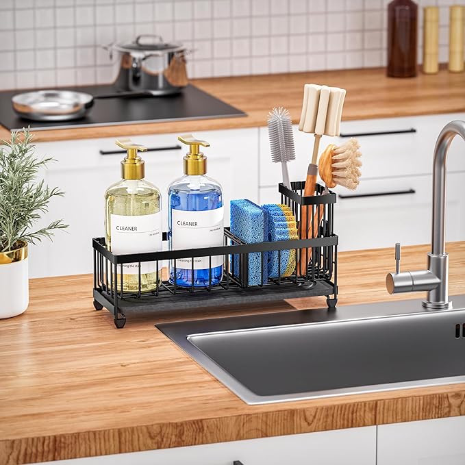 Cisily Sponge Holder for Kitchen Sink, Sink Caddy Organizer with High Brush Holder, Kitchen Countertop Organizers and Storage Essentials, Rustproof 304 Stainless Steel (Black with Stone Tray, Large)