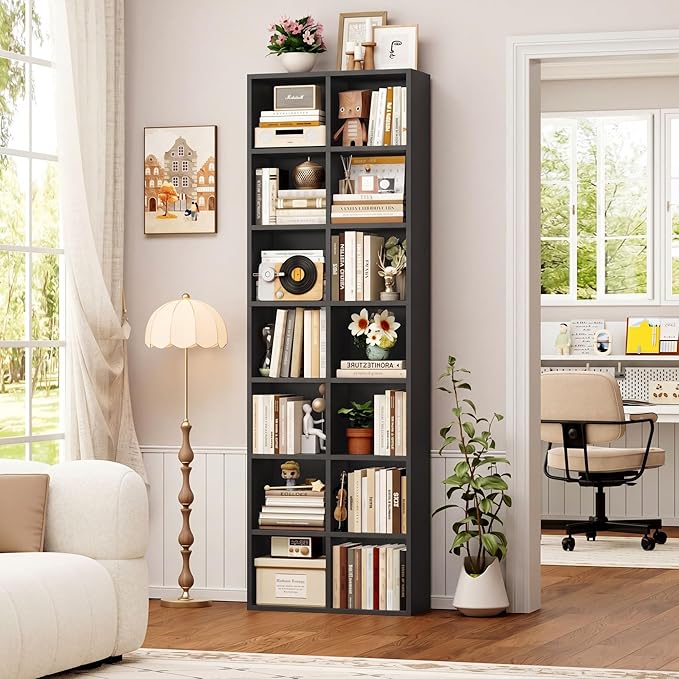 FOTOSOK 71'' Tall Bookshelf Set of 2, 7 Tier Large Black Bookshelf with Adjustable Shelves, Wide Bookcases and Bookshelf, DVD/CD Media Tower Storage, Cube Book Shelf Display Shelf Cabinet, Black