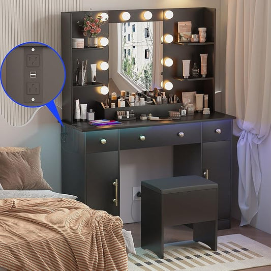 Vanity Desk with Mirror and Lights,Black Makeup Vanity with Charging Station & Vanity Stool, 3 Drawers and Cabinets White Vanity Mirror with RGB LED Lights Vanity Desk and Chair for Women