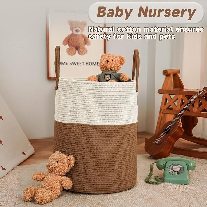 JMvicyroam Large Woven Laundry Basket Hamper,60L Cotton Rope Storage Bin for Blankets,Toys and Clothes,Decorative Tall Nursery Hamper for Living Room,Baby Nursery,Bathroom and Bedroom,White and Brown