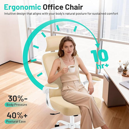 Office Chair - Ergonomic Desk Chair Breathable Mesh Chair with 2D Headrest & Adjustable Lumbar Support - Executive High Back Rolling Swivel Computer Gaming Chair with Wheels Flip-up Armrests
