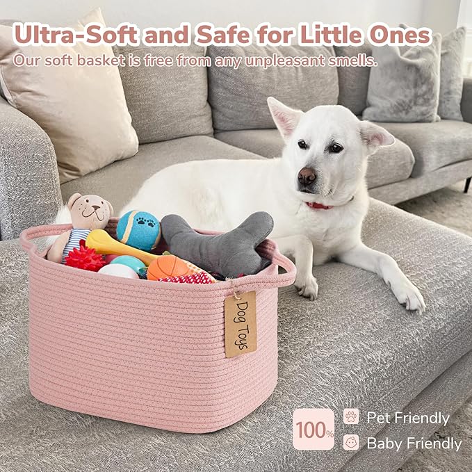 Goodpick Woven Storage Basket for Shelves, Small Baskets for Organizing, Rectangle Baby Nursery basket, Towel Baskets for Bathroom, Living Room, 13 x 10 x 9 Inches, Light Pink