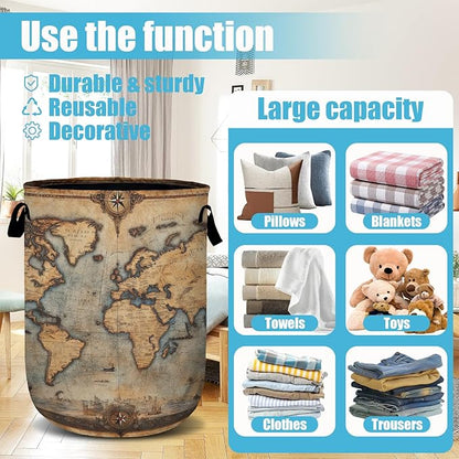 Antique World Map Laundry Basket, Laundry Hamper Collapsible Oxford Cloth with Handle Clothes Toy Storage Bin for Bathroom Laundry Room Bedroom 15.7 X 20 Inch