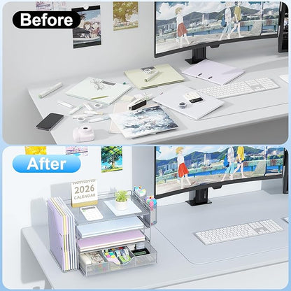 gianotter Desk Organizers and Accessories with File Holder, 4-Tier Desk Accessories & Workspace Organizers with Drawer and 2 Pen Holder, Paper Organizer for Office Supplies (Grey)