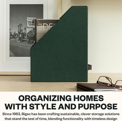 Bigso Estelle Fibreboard Magazine Holder with Leather Handle - Magazine File Holder and Organizer for Papers and Catalogs on Home or Office Desks - W4.4 x D9.8 X H12.7 (inches) - Dark Green