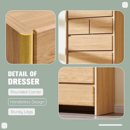 Modern 7 Drawers Dresser for Bedroom, 54.7" Tall Large Dresser & Chests of Drawers w/Rounded Corner, Wood Handleless Organizer Dresser w/Natural Texture for Bedroom, Living Room-Natural