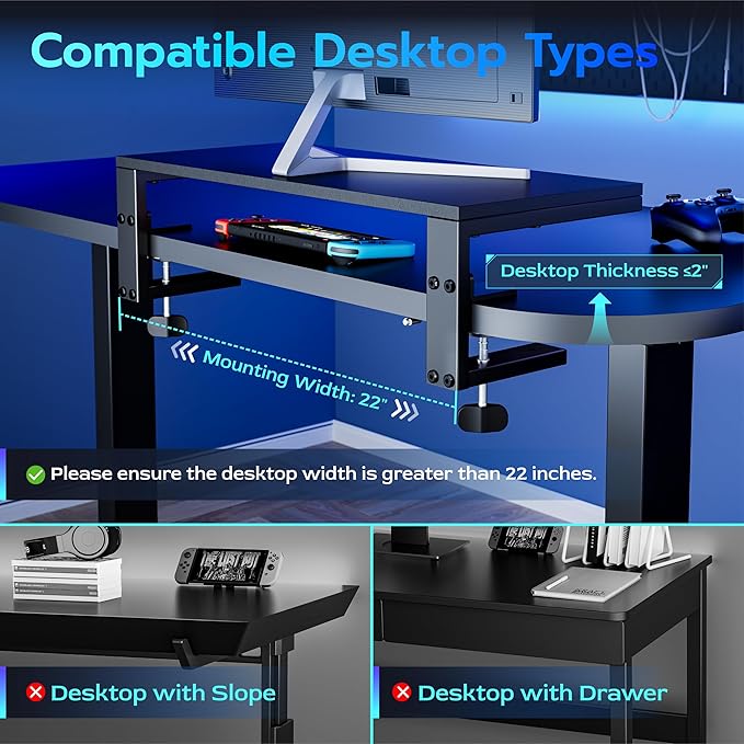 ARES WING 22 inches Desk Extender Shelf, 22"x 9.8" Versatile Clamp on Desk Shelf, Heavy Duty Desktop Organizer for Gaming and Office Accessories, Black