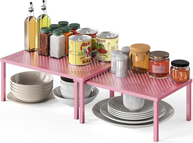 Simple Houseware Expandable Stackable Kitchen Counter Shelf Organizer, Pink, Metal Top, 11.25 in L x 7.9 in W x 5.4 in H