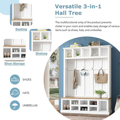 Merax Wood Farmhouse Hall Tree with Storage Entryway Bench, 3-in-1 Coat Racks with 6 Hooks &Shelves for Entrance, Hallway, Mudroom,White