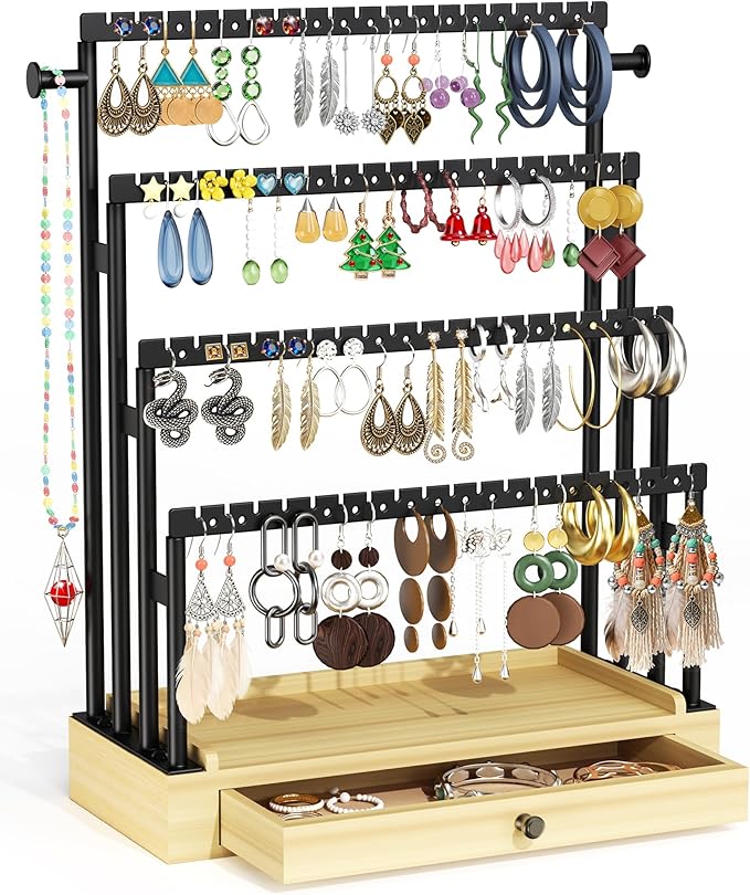 Earring Holder Organizer, 4-Tier Metal Jewelry Display Stand with Wooden Drawer, Large Earring Organizer for Studs, Hoops, and Dangles, Modern Earring Storage Rack for Vanity or Dresser