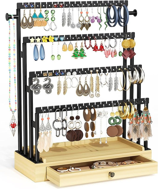 Earring Holder Organizer, 4-Tier Metal Jewelry Display Stand with Wooden Drawer, Large Earring Organizer for Studs, Hoops, and Dangles, Modern Earring Storage Rack for Vanity or Dresser