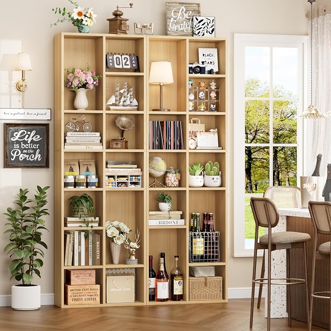 FOTOSOK 71'' Tall Bookshelf with 14 Cubes, 7 Tier Double Wide Wood Bookshelf with 6 Adjustable Shelves, 19.6" Narrow Bookcase DVD/CD Media Storage, Space Saving Display Shelf Cabinet, Natural