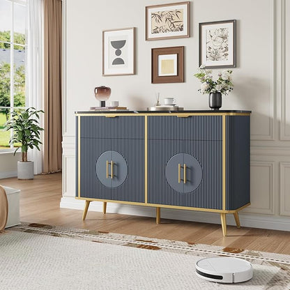 47.2" Buffet Storage Cabinet, Modern Fluted Coffee Bar Station with 2 Drawers & Adjustable Shelves, Kitchen Sideboard Buffet for Dining Room, Living Room, Hallway, Navy Blue