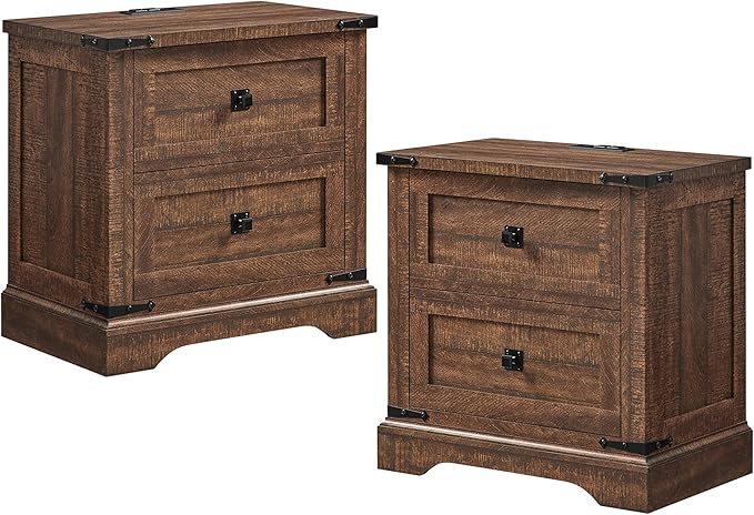 T4TREAM 24" Farmhouse Nightstand with Charging Station Set of 2, Large End Table with 2 Storage Drawers, Rustic Wood Sofa Bedside Table for Bedroom, Reclaimed Barnwood Color