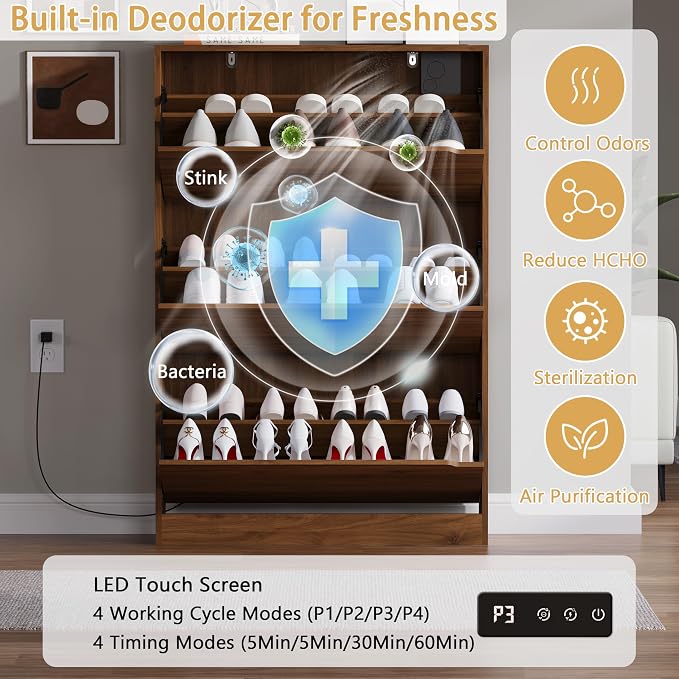 BORNOON Shoe Cabinet with Odor Control and Back Panels, Deodorizing Slim 3-Flip Shoe Storage Cabinet for Entryway, Freestanding Hidden Shoe Rack Organizer for Entrance, Hallway, Bedroom