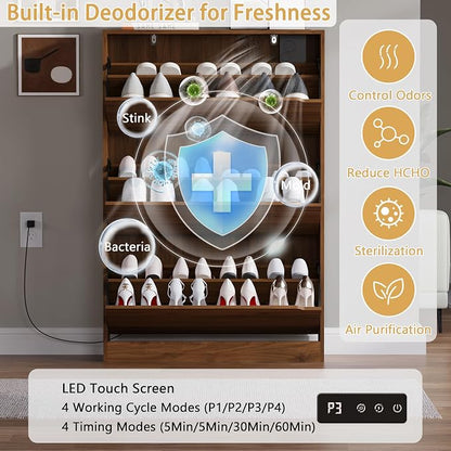 BORNOON Shoe Cabinet with Odor Control and Back Panels, Deodorizing Slim 3-Flip Shoe Storage Cabinet for Entryway, Freestanding Hidden Shoe Rack Organizer for Entrance, Hallway, Bedroom