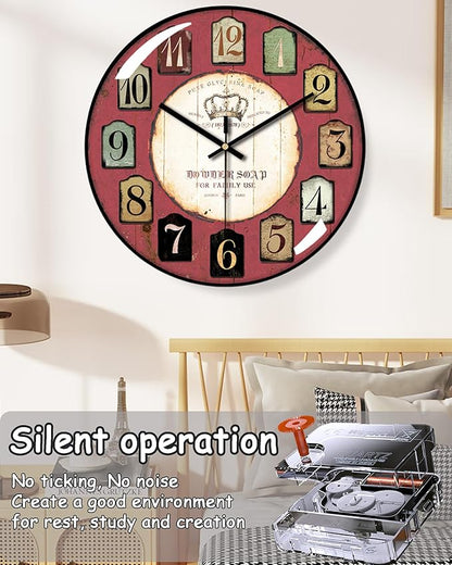 Decorative Wall Clocks Batterys Operated, Retro Wall Clock with Glass Dial, 12-Inch Dial with Roman Numerals, Silent and No Ticking, Suitable for Living Room, Bedroom, Dining Area, Workspace
