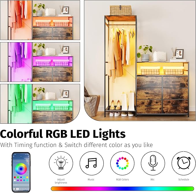 Heavy Duty Garment Rack with Fabric Drawers and LED Light, Freestanding Portable Closet Wardrobe Systems with Shelves for Bedroom, Entryway, Apartment