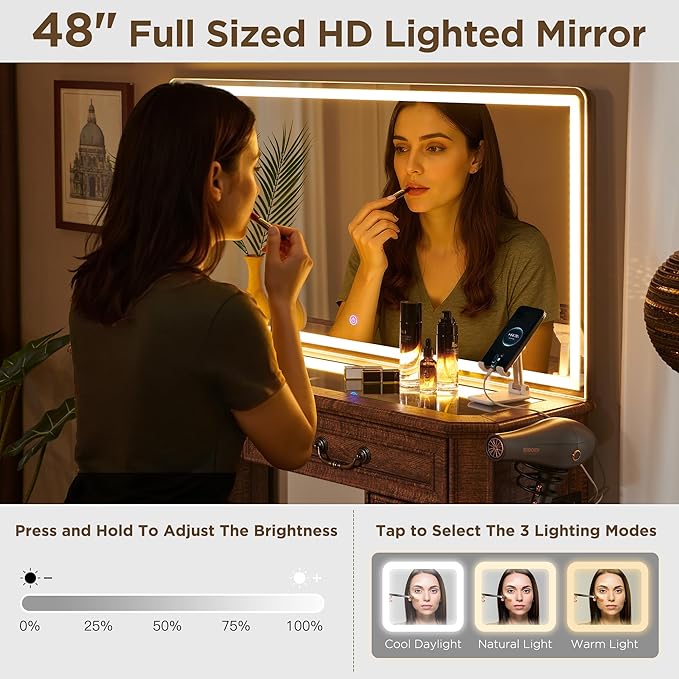 Makeup Vanity Desk with 48" HD Lighted Mirror, Farmhouse Vanity Table with 8 Drawers, Vanity Desk with 3 Color Modes, Dressing Table with Glass Top and Charging Station for Bedroom