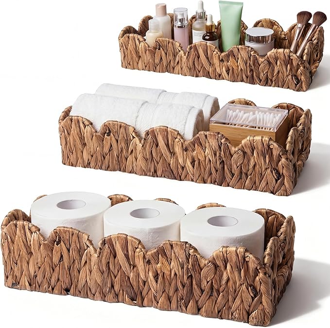 3 Pack Water Hyacinth Toilet Paper Basket for Organizing Scalloped Edge Wicker Basket with Handles Toilet Tank Paper Holder Storage for Bathroom Bedroom Countertop Shelf Decor(Brown)