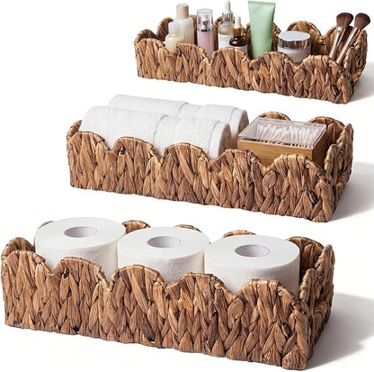 3 Pack Water Hyacinth Toilet Paper Basket for Organizing Scalloped Edge Wicker Basket with Handles Toilet Tank Paper Holder Storage for Bathroom Bedroom Countertop Shelf Decor(Brown)
