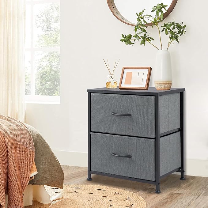 DUMOS Nightstand Set of 2, Small Dresser with 2 Fabric Drawers Side Bedroom End Table Kids Bedside Storage Furniture for 25 inch Tall Night Stand for Closet, Entryway, College Dorm, Ash