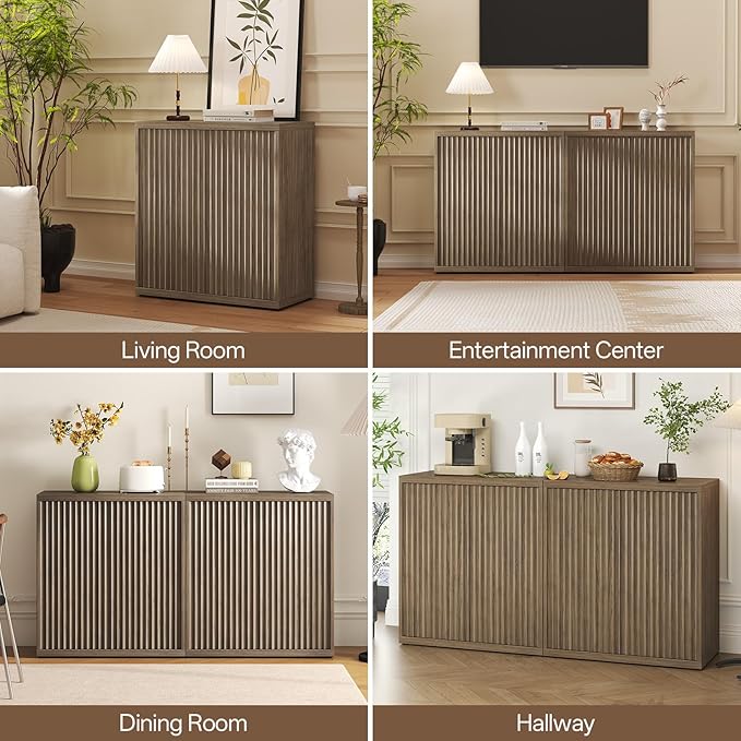 31” Sideboard Cabinet with Storage, Fluted Accent Cabinet with Adjustable Shelves, Modern Wood Credenza Cabinets with Pop-up Doors for Entryway Kitchen Living Room Hallway, Brown 4 Pcs