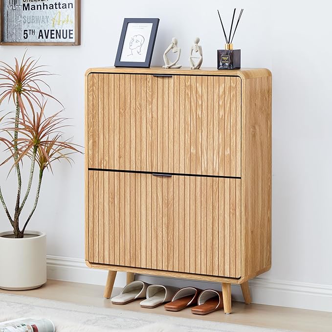Fluted Shoe Cabinet Storage for Entryway,Slim Shoe Cabinet with 2 Flip Drawers, Narrow Shoes Rack Organizer (All Natural, 2 Drawers)