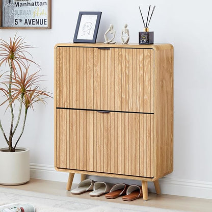 Fluted Shoe Cabinet Storage for Entryway,Slim Shoe Cabinet with 2 Flip Drawers, Narrow Shoes Rack Organizer (All Natural, 2 Drawers)