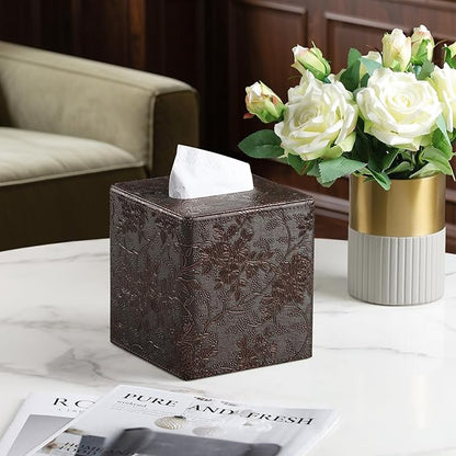 Square Tissue Box Cover, Stylish Leather Tissue Box Holder with Magnetic Bottom, Used As A Decorative Tissue Holder for Living Rooms, Bedrooms, and Desks (Brown Grape Pattern)