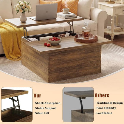HUAHUU 31.5" Lift Top Coffee Table, 4 in 1 Square Coffee Table with Storage, Center Table with Lifting Top & Large Hidden Storage Compartment for Living Room, Home Office, Walnut