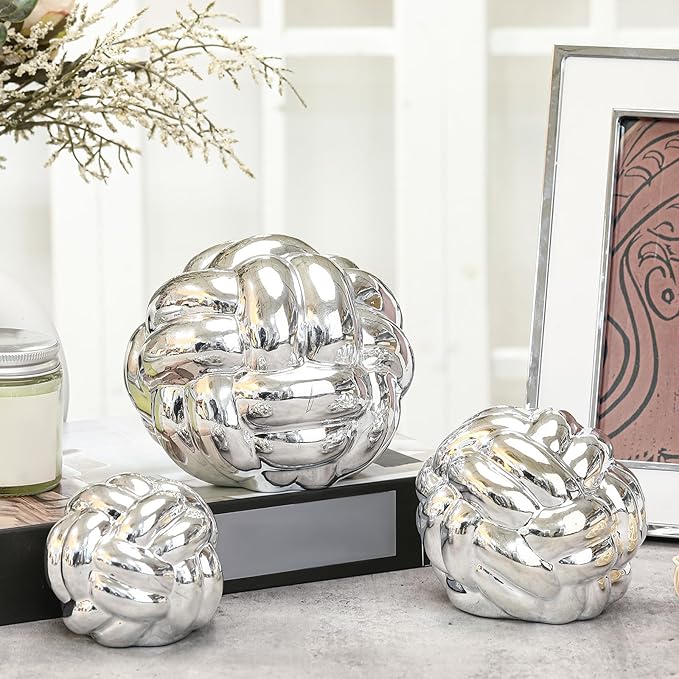 Wenqik 3 Pcs Knot Decor, Link Coffee Table Bookshelf Decor Accents, Ceramic Decorative Objects, Modern Home Minimalist Book Shelf Aesthetic Decoration, 3 Sizes(Silver)