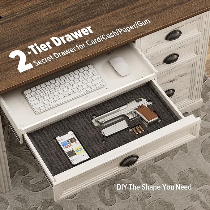 FREDEES Farmhouse Computer Desk with Monitor Stand, 47 in Home Office Desk with LED & Power Outlets, Executive Desk with Drawers for Working Gaming, Writing Table for Bedroom, Antique White