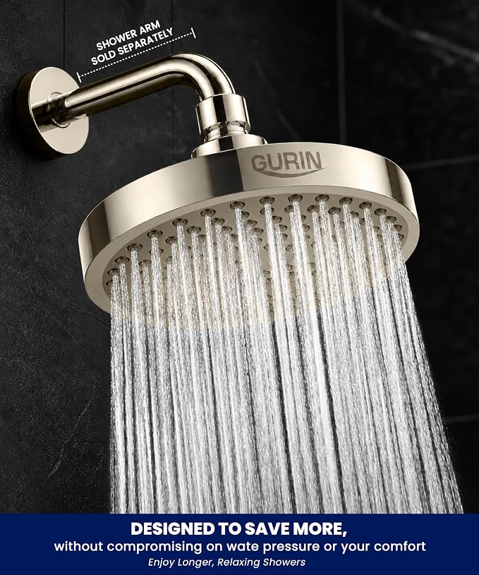 GURIN Shower Head - Powerful High Pressure Rain Shower Head 6 Inch - Luxury Rainfall Showerhead with Adjustable Angles, 90 Anti-Clog Nozzles, Tool-Free 1-Min Install, Premium Brushed Nickel Finish