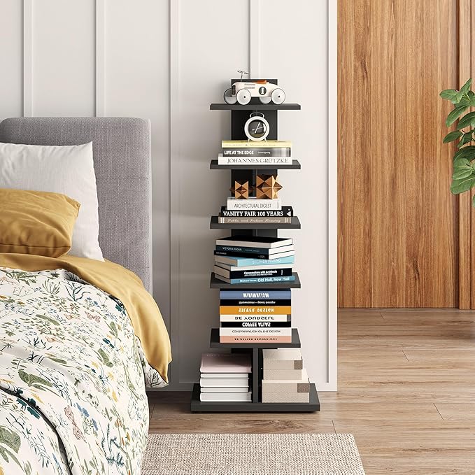TUTOTAK Narrow Bookshelf, 6-Tier Bookcase, Spine Book Shelf for Small Space, Corner Standing Shelf for Living Room, Office, Study, Entryway, Black BS06BK016