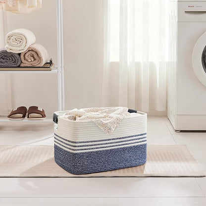 SunNewt 45L Small Laundry Basket with Leather Handles for Living Room Storage, Woven Rope Baskets Bin for Blanket, Kids Toy, Gifts, Wicker Hamper for Bedroom Dirty Clothes, 18"x14"x11" Denim Blue