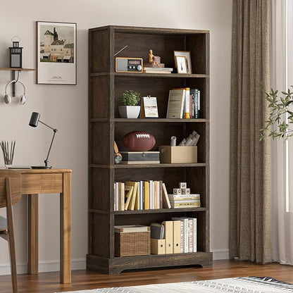 TVU 5-Tier Solid Wood Book Shelf, Floor Standing Bookcase, 65" H × 31.5" W × 11.8" D Bookshelf, Farmhouse Style Book Case with Arched Base, Suitable for Living Room, Study, Office, Rustic Brown